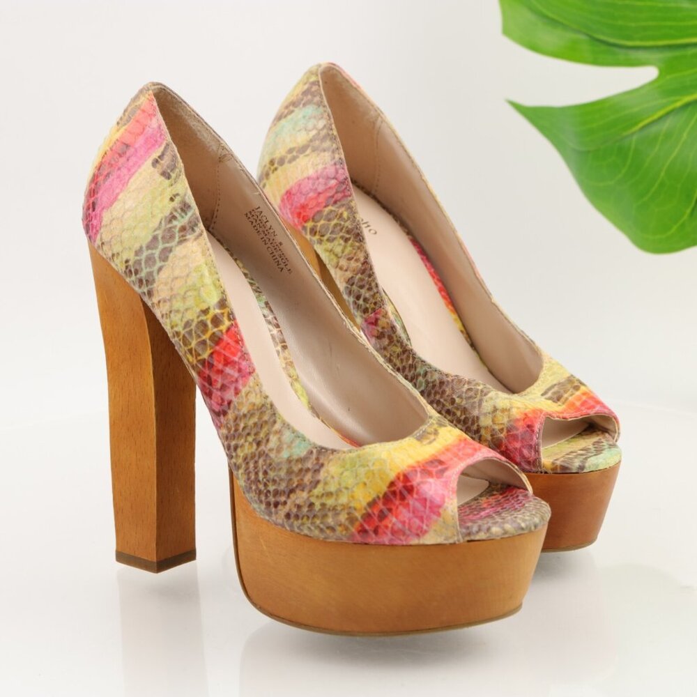 ZigiSoho Womens Jaclyn Pumps Size 8 Tan Red‎ Python Wood Heel Platform Y2K Shoes